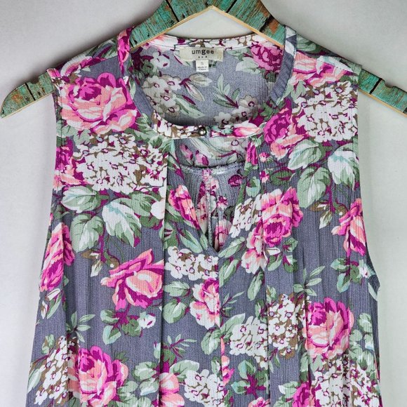 Umgee USA Women's Sleeveless Floral Crepe Keyhole Pleated Front Tent Dress, Sz S - Picture 2 of 8